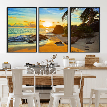 26181-MGV-FC-60X30-3P_Black-Golden Tropical Sunset Beach Wall Art – Ocean Canvas Print with Palm Trees and Rocks, Coastal Paradise Decor for Living Room or