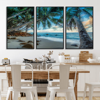 39679-MGV-FC-60X30-3P_Black-Tropical Palm Beach Wall Art – Serene Ocean Canvas Print with Palm Trees and Rocks, Coastal Paradise Decor for Living Room or