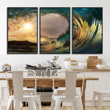 38256-MGV-FC-60X30-3P_Black-Ocean Wave Wall Art – Stunning Sunrise Through Curling Wave Canvas Print, Coastal Surf Photography Seascape Decor for Living Room,