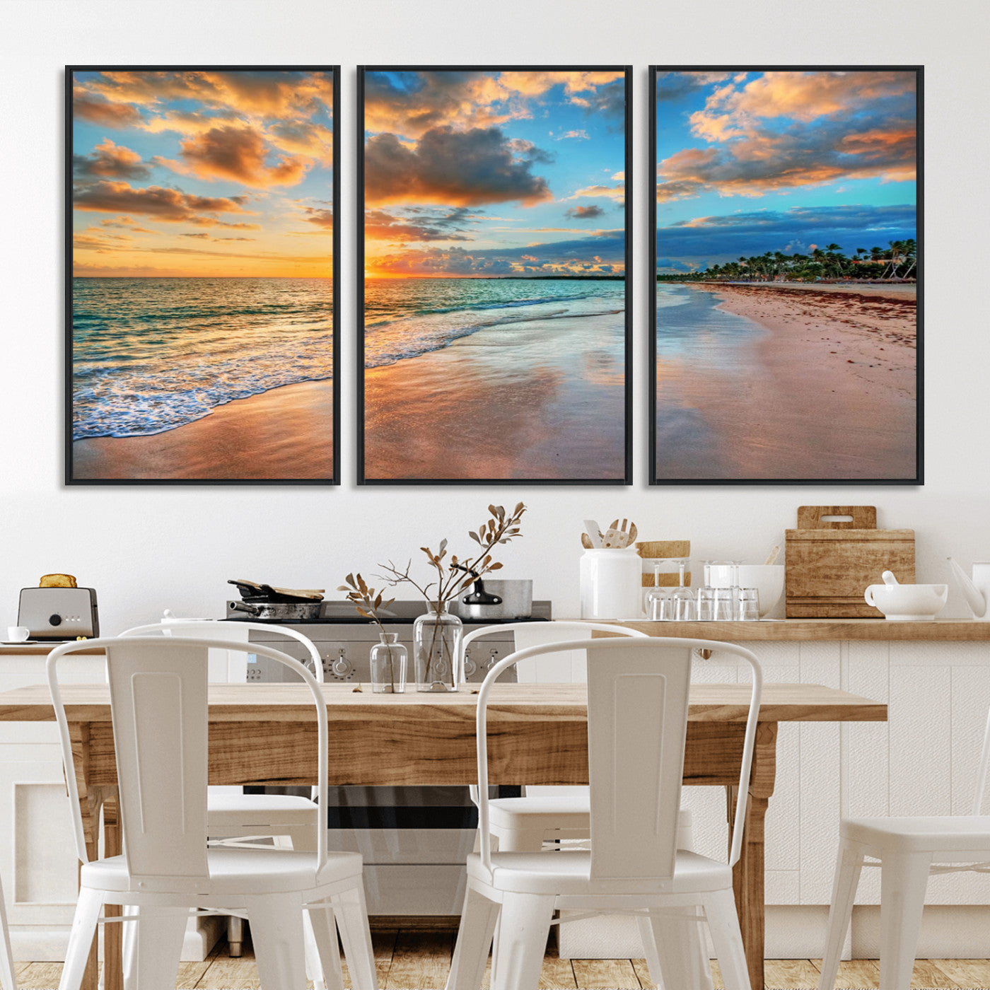 41572-MGV-FC-60X30-3P_Black-Sunset Beach Wall Art – Ocean Waves and Palm Trees Canvas Print, Tropical Coastal Sunset Seascape Decor for Living Room, Bedroom