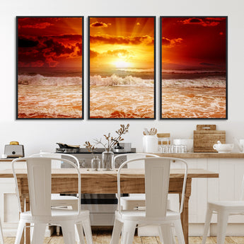 60211-MGV-FC-60X30-3P_Black-Fiery Sunset Ocean Wall Art – Red Sky Seascape Canvas Print with Waves, Bold Coastal Sunset Decor for Living Room or Bedroom