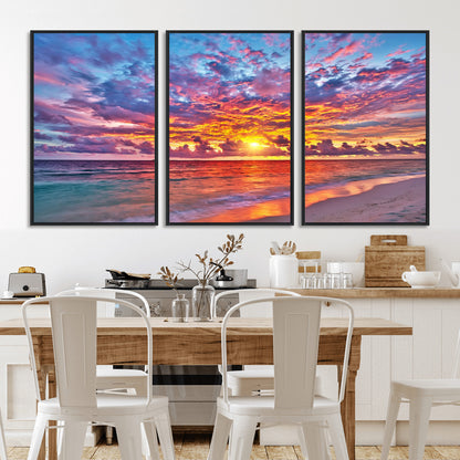 72836-MGV-FC-60X30-3P_Black-Fiery Sunset Beach Wall Art – Panoramic Vibrant Ocean Canvas Print, Dramatic Coastal Decor for Living Room, Bedroom or Office