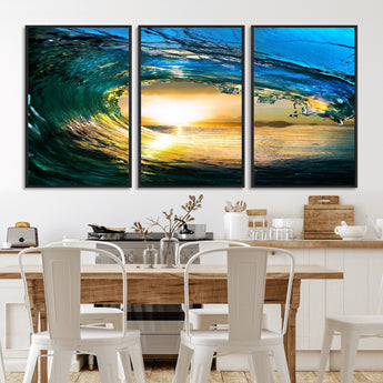 19378-MGV-FC-60X30-3P_Black-Ocean Wave Sunset Wall Art – Vibrant Surf and Golden Horizon Canvas Print, Coastal Seascape Photography for Living Room, Bedroom,