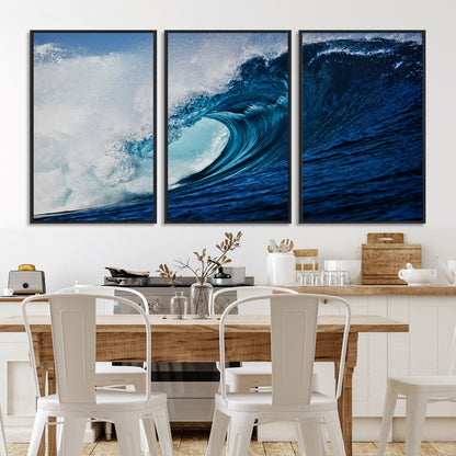 89502-MGV-FC-60X30-3P_Black-Powerful Ocean Wave Wall Art – Panoramic Blue Sea Wave Canvas Print, Coastal Surf Photography Artwork for Living Room, Bedroom, or