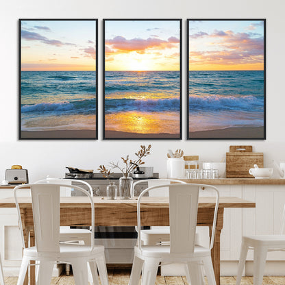 78006-MGV-FC-60X30-3P_Black-Golden Sunrise Ocean Wall Art – Panoramic Beach Waves Canvas Print, Coastal Seascape Artwork for Living Room, Bedroom, Office, or