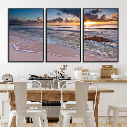 94906-MGV-FC-60X30-3P_Black-Sunrise Beach Wall Art – Panoramic Ocean Waves Canvas Print, Coastal Sunset Seascape Artwork for Living Room, Bedroom, or Office