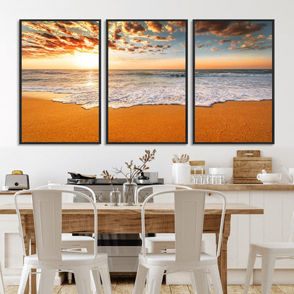 15399-MGV-FC-60X30-3P_Black-Golden Sunrise Beach Wall Art – Ocean Waves on Sandy Shore Canvas Print, Coastal Seascape Decor for Living Room or Bedroom