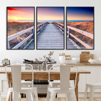 60625-MGV-FC-60X30-3P_Black-Beach Boardwalk Sunrise Wall Art – Coastal Pathway to Ocean Canvas Print, Seaside Landscape Decor for Home or Office