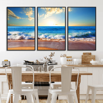 50522-MGV-FC-60X30-3P_Black-Ocean Sunrise Wall Art – Peaceful Beach Waves and Golden Horizon Canvas Print, Coastal Seascape Decor for Home or Office
