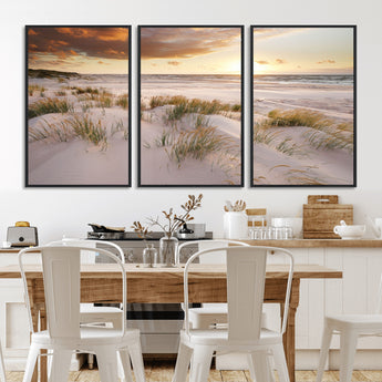 61246-MGV-FC-60X30-3P_Black-Coastal Sand Dunes Wall Art – Serene Beach Sunset Canvas Print with Grasses and Ocean View, Tranquil Seaside Decor for Living Room