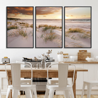 61246-MGV-FC-60X30-3P_Black-Coastal Sand Dunes Wall Art – Serene Beach Sunset Canvas Print with Grasses and Ocean View, Tranquil Seaside Decor for Living Room