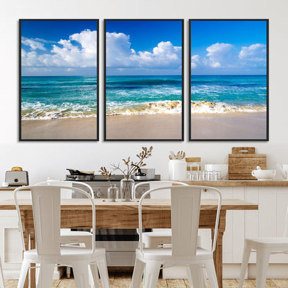 60364-MGV-FC-60X30-3P_Black-Tropical Ocean Wave Wall Art – Serene Blue Sea and White Sand Beach Canvas Print, Coastal Landscape Decor for Living Room, Bedroom