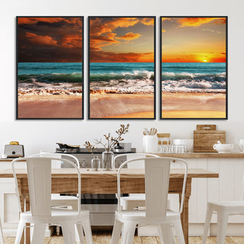 72948-MGV-FC-60X30-3P_Black-Ocean Sunset Wave Wall Art – Dramatic Seascape Canvas Print with Golden Sky and Crashing Waves, Coastal Beach Decor for Living