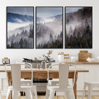 18459-MGV-FC-60X30-3P_Black-Misty Pine Forest Wall Art – Serene Mountain Landscape Canvas Print, Tranquil Nature Artwork for Living Room, Bedroom, Cabin or