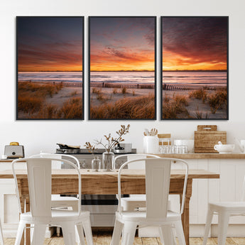 90176-MGV-FC-60X30-3P_Black-Beach Sunset Wall Art – Coastal Sand Dune Canvas Print with Ocean Waves and Dramatic Sky, Seaside Landscape Decor for Living Room