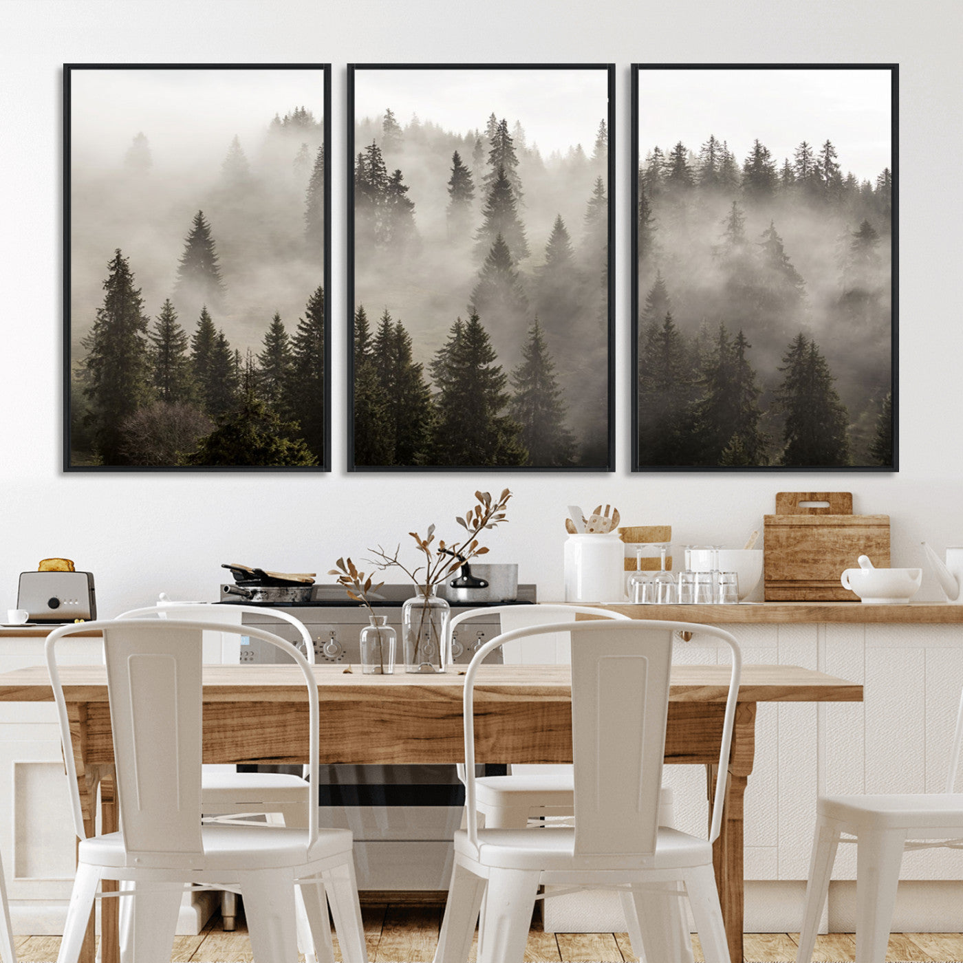62862-MGV-FC-60X30-3P_Black-Misty Forest Wall Art – Tranquil Pine Tree Canvas Print with Mountain Fog, Nature Landscape Artwork for Living Room, Bedroom, or