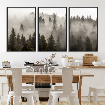 62862-MGV-FC-60X30-3P_Black-Misty Forest Wall Art – Tranquil Pine Tree Canvas Print with Mountain Fog, Nature Landscape Artwork for Living Room, Bedroom, or