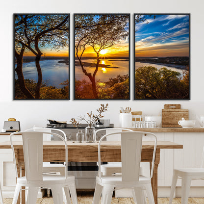 66839-MGV-FC-60X30-3P_Black-Lake Sunset Wall Art – Golden Hour Canvas Print with Trees and Water Reflection, Scenic Landscape Photography for Living Room,