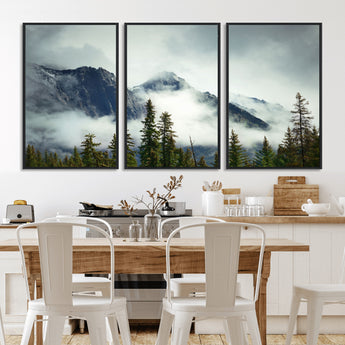 93219-MGV-FC-60X30-3P_Black-Misty Mountain Wall Art – Foggy Pines and Rocky Peaks Canvas Print, Nature Landscape Decor for Living Room, Office or Bedroom