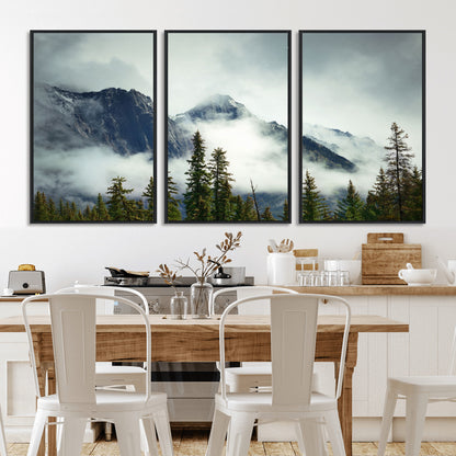 93219-MGV-FC-60X30-3P_Black-Misty Mountain Wall Art – Foggy Pines and Rocky Peaks Canvas Print, Nature Landscape Decor for Living Room, Office or Bedroom