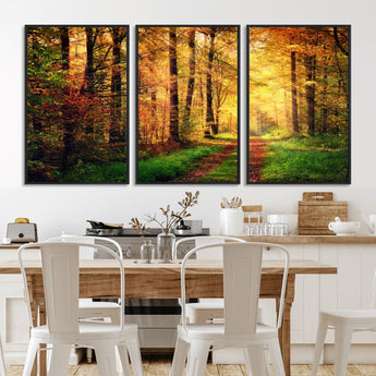 73494-MGV-CV-36X24-Golden Autumn Forest Path Wall Art – Sunlit Woodland Canvas Print, Fall Nature Landscape Home Decor