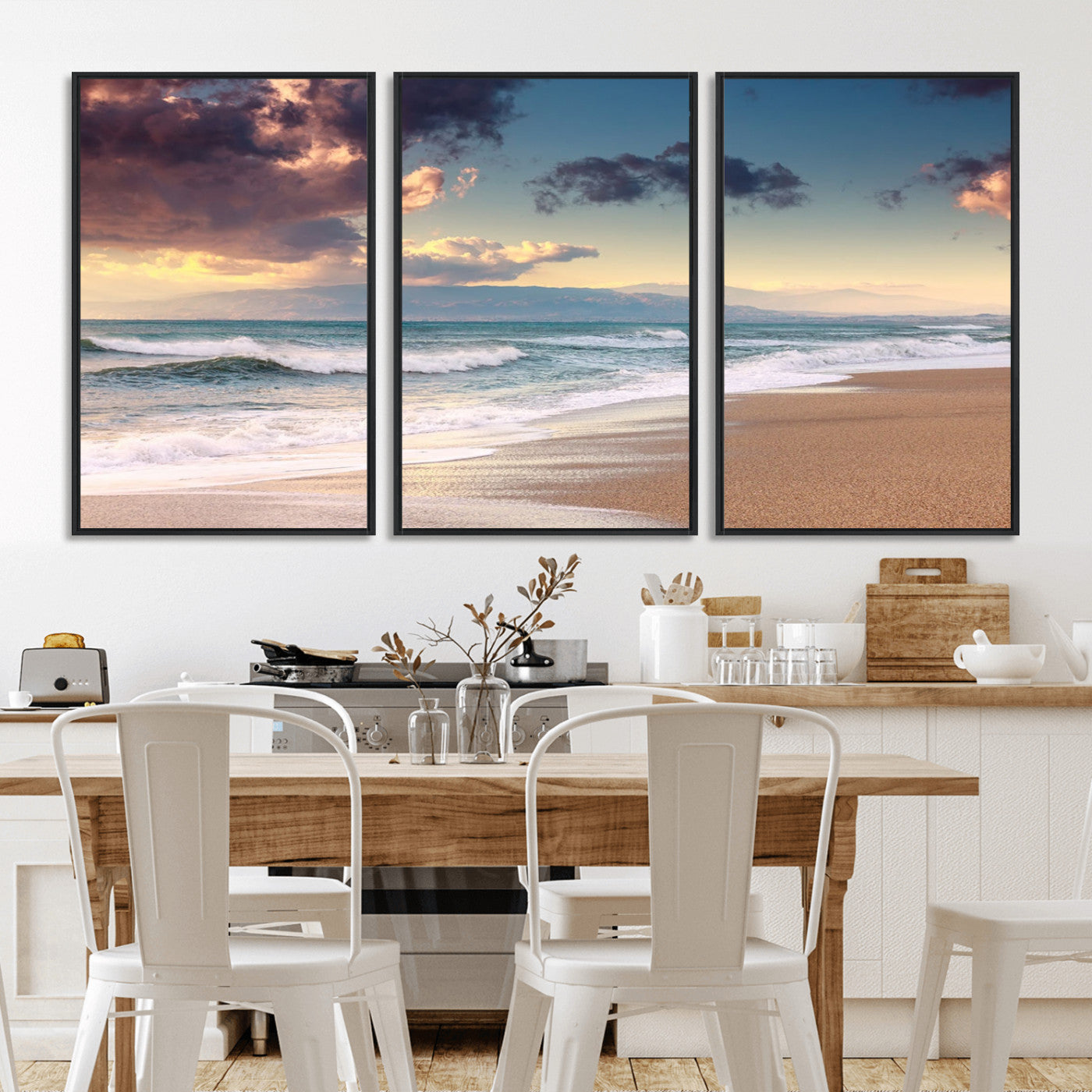 42253-MGV-FC-60X30-3P_Black-Serene Beach Waves Wall Art – Tranquil Ocean Horizon Canvas Print, Coastal Seascape Decor for Living Room or Office Wall