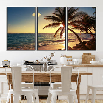 82710-MGV-FC-60X30-3P_Black-Palm Tree Sunset Beach Wall Art – Tropical Ocean Canvas Print, Coastal Paradise Seascape Decor for Living Room or Office Wall