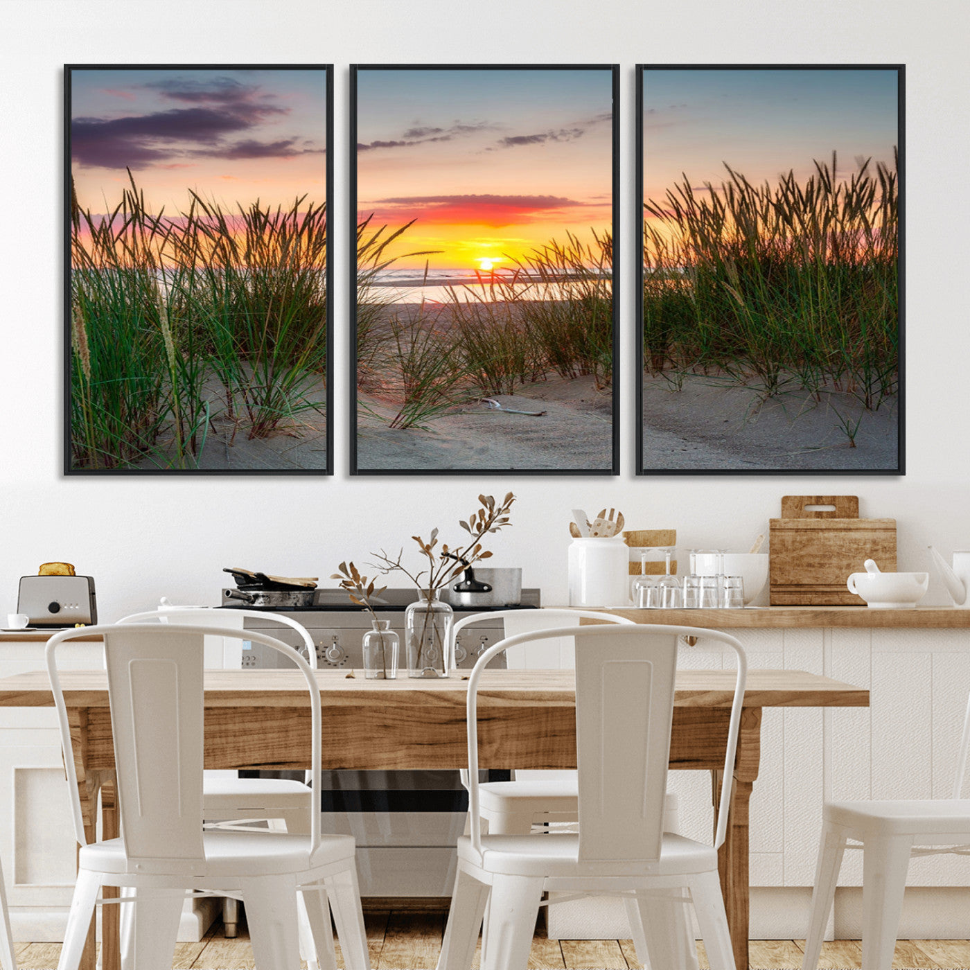 25576-MGV-FC-60X30-3P_Black-Beach Grass Sunset Wall Art – Coastal Sand Dune Landscape Canvas Print, Ocean View Nature Decor for Living Room or Office Wall