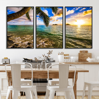68606-MGV-FC-60X30-3P_Black-Tropical Palm Tree Ocean Wall Art – Sunset Beach Seascape Print, Coastal Paradise Decor for Living Room or Office