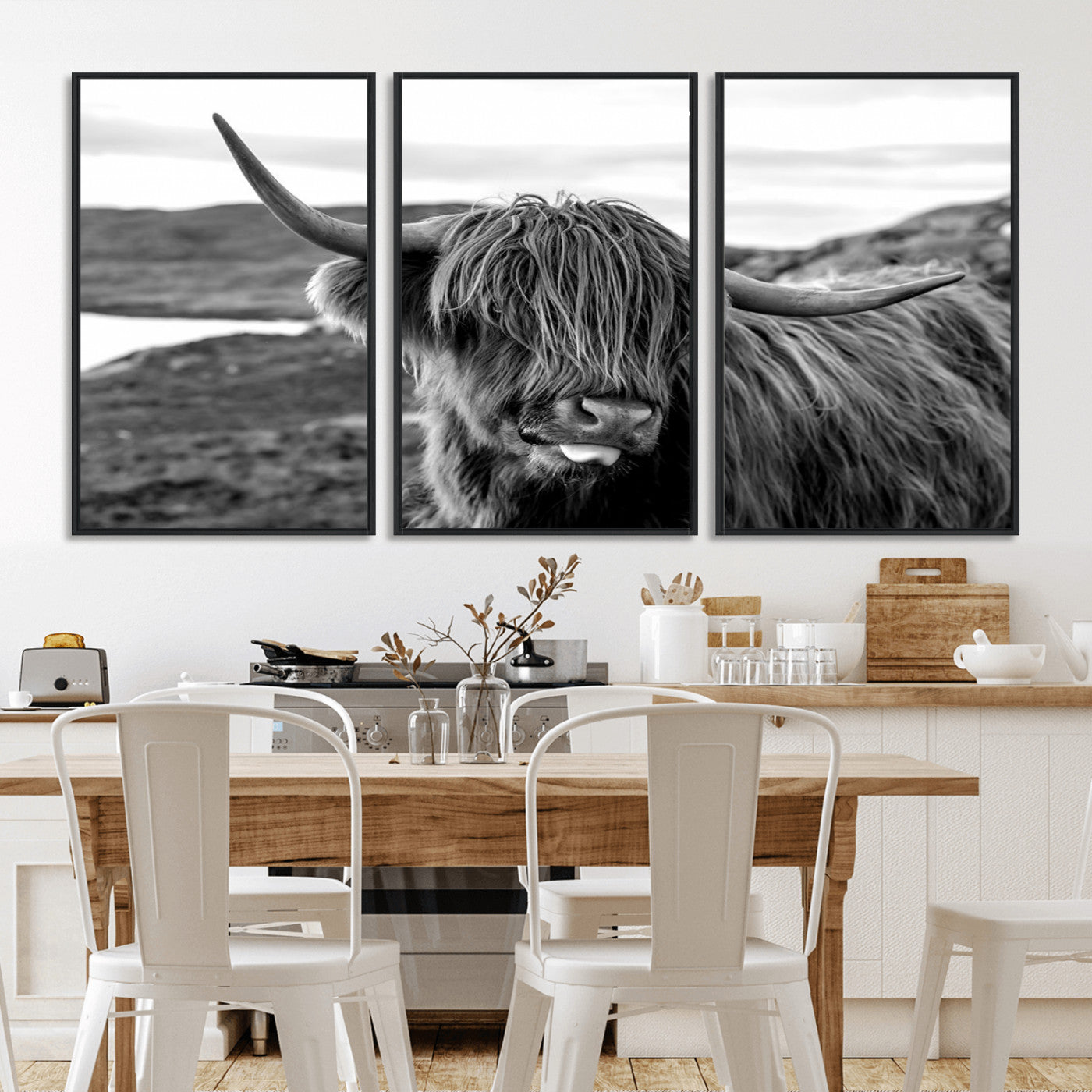 83810-MGV-CV-36X24-Highland Cow Wall Art – Black and White Highland Cattle Print, Rustic Farmhouse Animal Decor for Living Room or Office