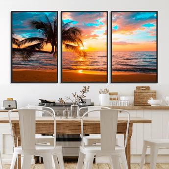 34674-MGV-FC-60X30-3P_Black-Tropical Sunset Beach Wall Art – Palm Tree Ocean Canvas Print, Coastal Seascape Decor for Living Room or Office Wall