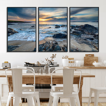 17902-MGV-FC-60X30-3P_Black-Rocky Shore Ocean Sunset Wall Art – Coastal Seascape Canvas Print, Nature Beach Decor for Living Room or Office