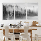 57235-MGV-FC-60X30-3P_Black-Misty Pine Forest Wall Art – Black and White Mountain Landscape Canvas Print, Nature Woodland Decor for Living Room, Bedroom or