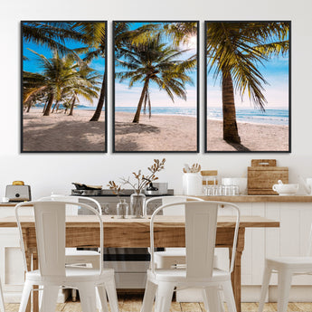 98175-MGV-FC-60X30-3P_Black-Tropical Palm Beach Wall Art – Relaxing Ocean Shore Canvas Print with Palm Trees, Coastal Summer Decor for Living Room, Bedroom or