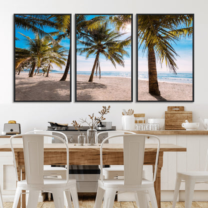 98175-MGV-FC-60X30-3P_Black-Tropical Palm Beach Wall Art – Relaxing Ocean Shore Canvas Print with Palm Trees, Coastal Summer Decor for Living Room, Bedroom or