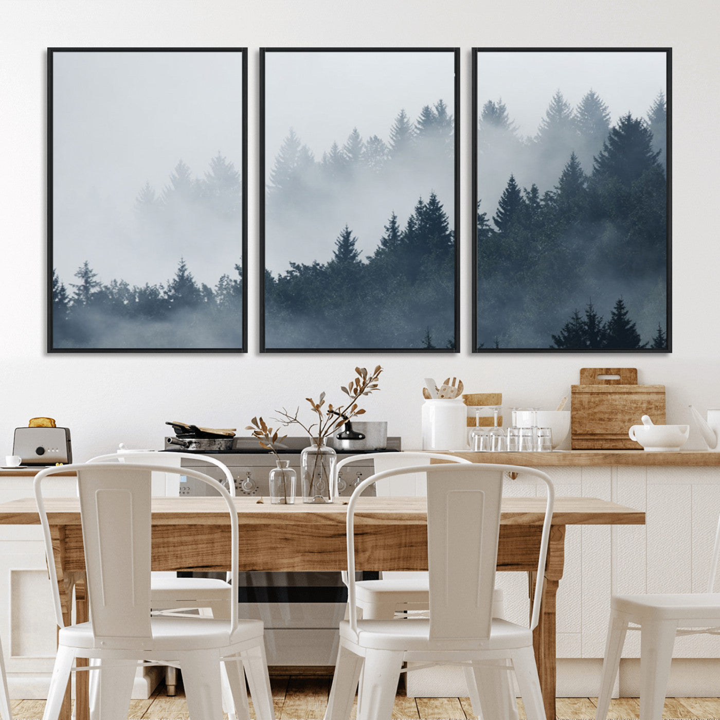 23671-MGV-FC-60X30-3P_Black-Misty Forest Wall Art – Serene Foggy Pine Trees Landscape Canvas Print, Tranquil Nature Decor for Living Room, Bedroom or Office
