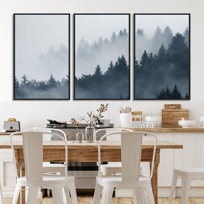 23671-MGV-FC-60X30-3P_Black-Misty Forest Wall Art – Serene Foggy Pine Trees Landscape Canvas Print, Tranquil Nature Decor for Living Room, Bedroom or Office