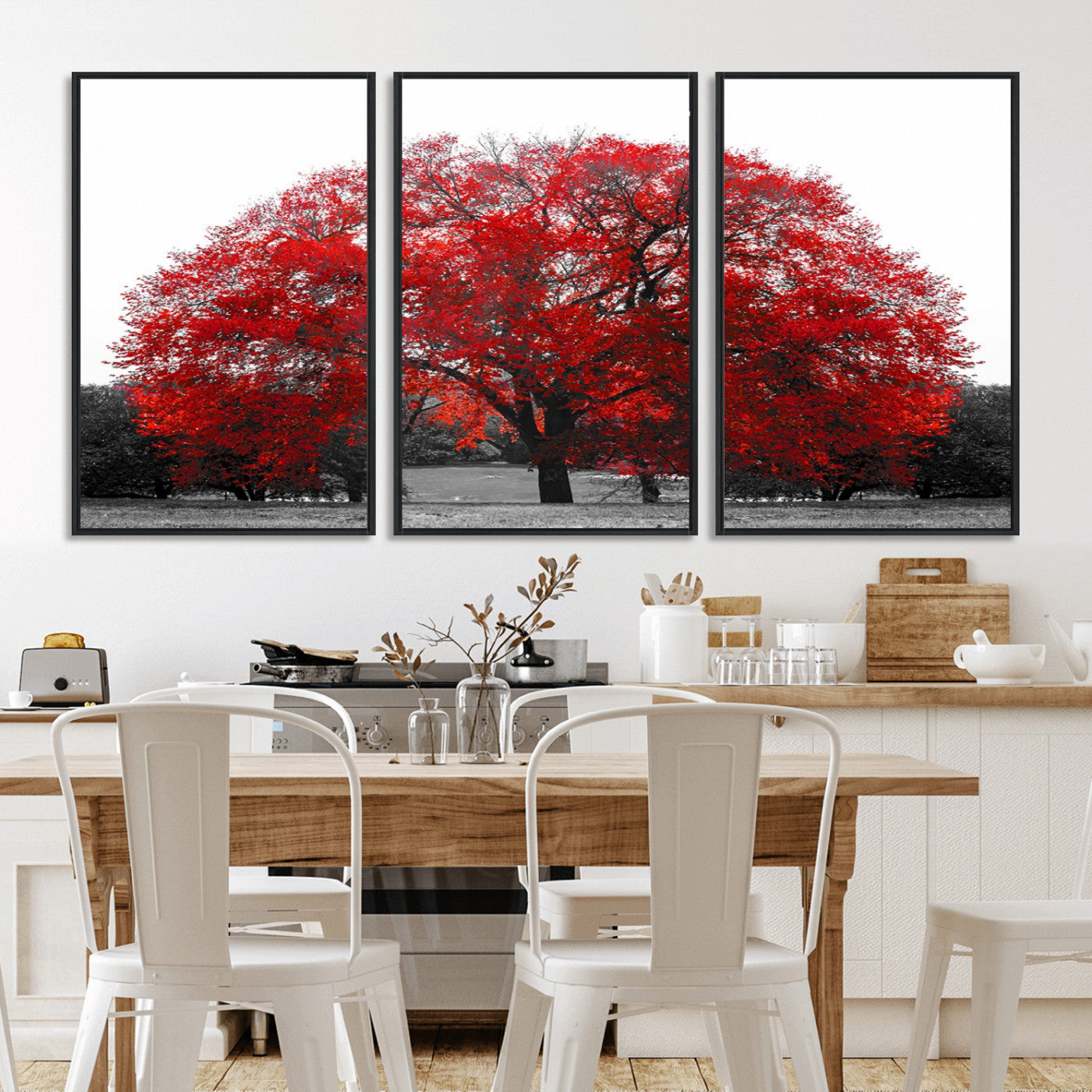 80021-MGV-CV-36X24-Red Tree Wall Art – Striking Black and White Landscape Canvas Print with Vibrant Red Leaves, Modern Nature Decor for Living Room