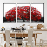 80021-MGV-FC-60X30-3P_Black-Red Tree Wall Art – Striking Black and White Landscape Canvas Print with Vibrant Red Leaves, Modern Nature Decor for Living Room