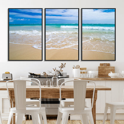 20660-MGV-FC-60X30-3P_Black-Ocean Wave Beach Wall Art – Serene Blue Sea and Sandy Shore Canvas Print, Coastal Landscape Photography Decor for Living Room or