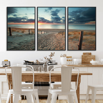 25788-MGV-FC-60X30-3P_Black-Sunset Beach Path Wall Art – Scenic Coastal Dunes and Ocean Canvas Print, Tranquil Seaside Landscape Decor for Living Room or
