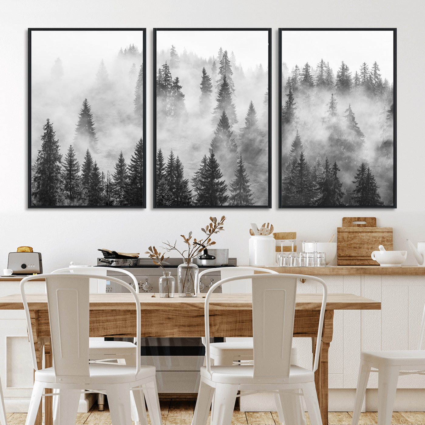 10422-MGV-CV-36X24-Misty Pine Forest Wall Art – Black and White Foggy Landscape Canvas Print, Serene Nature Woodland Decor for Bedroom, Office or