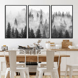 10422-MGV-FC-60X30-3P_Black-Misty Pine Forest Wall Art – Black and White Foggy Landscape Canvas Print, Serene Nature Woodland Decor for Bedroom, Office or