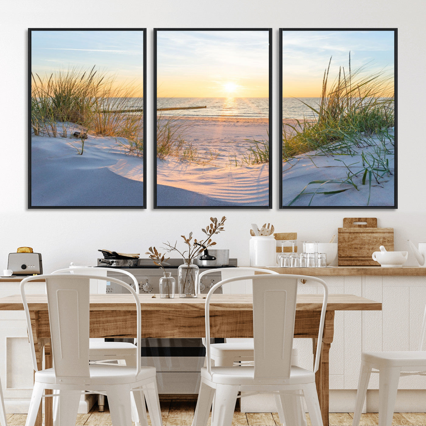 48907-MGV-FC-60X30-3P_Black-Beach Sunset Wall Art – Coastal Sand Dunes and Ocean View Canvas Print, Serene Seaside Landscape Painting for Living Room, Bedroom