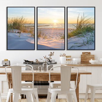 48907-MGV-FC-60X30-3P_Black-Beach Sunset Wall Art – Coastal Sand Dunes and Ocean View Canvas Print, Serene Seaside Landscape Painting for Living Room, Bedroom