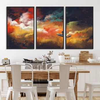 45085-MGV-FC-60X30-3P_Black-Surreal Cosmic Wall Art – Abstract Galaxy Dreamscape Canvas Print with Man and Dog in Boat, Fantasy Nebula Painting for Living