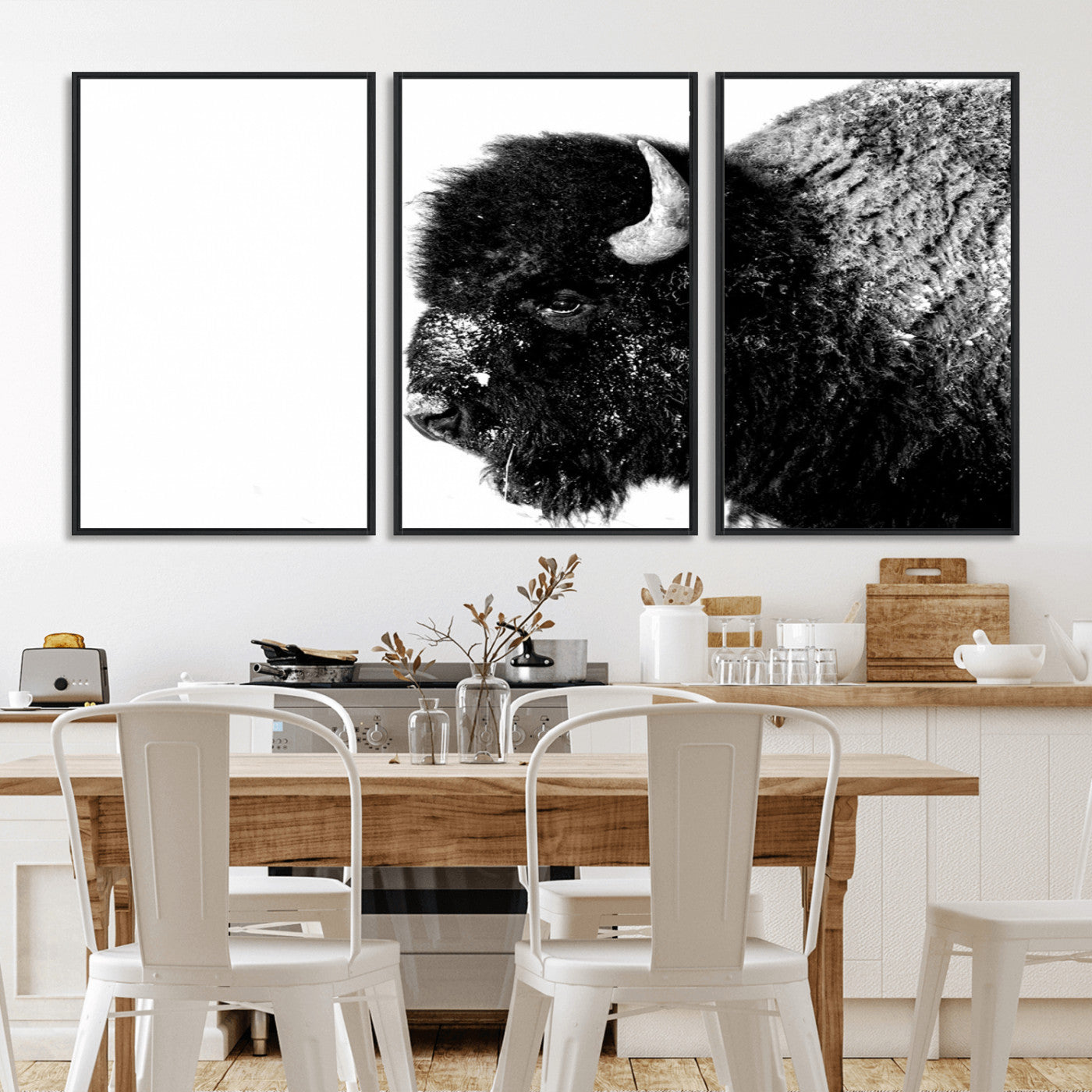68780-MGV-FC-60X30-3P_Black-Bison Close-Up Wall Art – Black and White Buffalo Canvas Print, Rustic Wildlife Photography Decor for Living Room, Office, or
