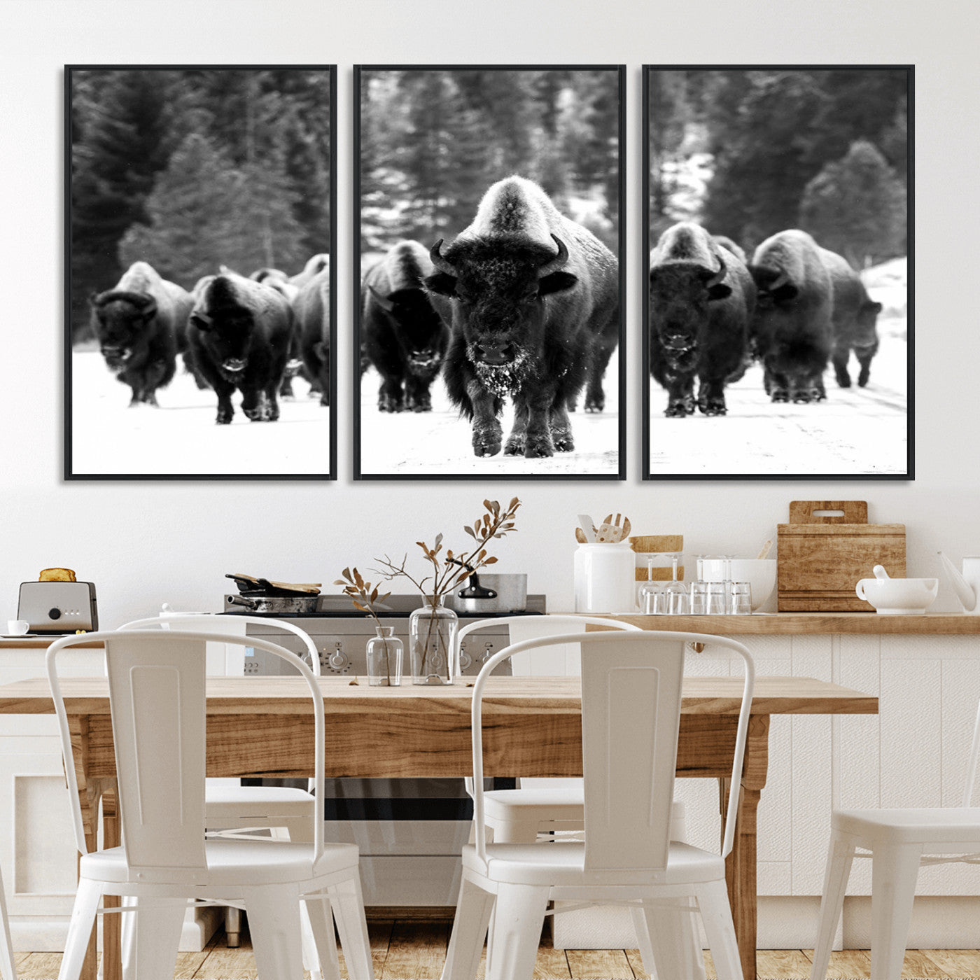 62434-MGV-FC-60X30-3P_Black-Bison Herd Wall Art – Majestic Black and White Buffalo Canvas Print, Wildlife Nature Photography Decor for Living Room, Office or