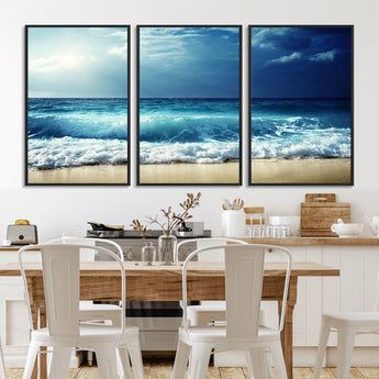 84116-MGV-FC-60X30-3P_Black-Ocean Wave Wall Art – Blue Sea and Beach Canvas Print, Coastal Seascape Photography Artwork for Living Room, Bedroom, or Office
