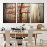 61855-MGV-FC-60X30-3P_Black-Misty Forest Wall Art – Red Tree with Autumn Leaves Canvas Print, Moody Woodland Nature Decor for Living Room, Bedroom, or Office